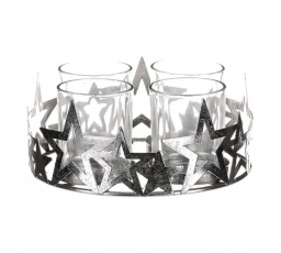 Svícen adventní se sklíčky - kovový, stříbrné hvězdy