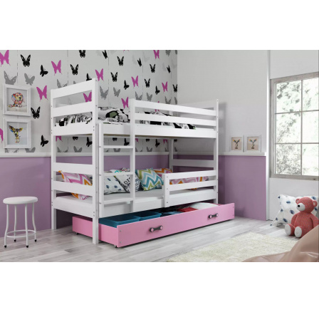 Dětská patrová postel ERYK se šuplíkem 80x190 cm, včetně matrací, Bílá/Růžová