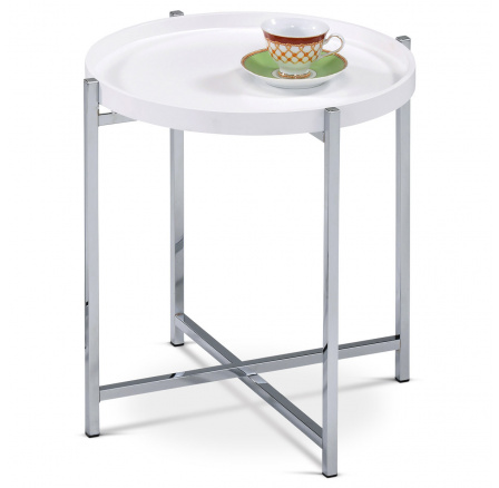 Odkládací stolek pr.50x50 cm, deska dřevo, bílý mat. lak, kovové chromované nohy