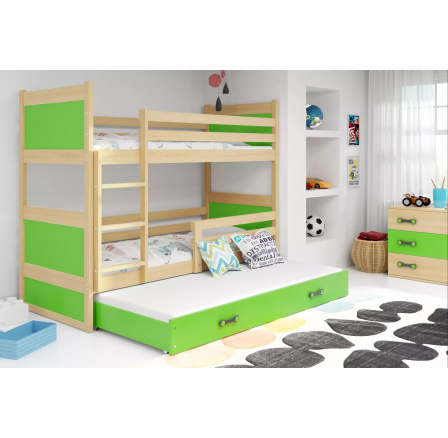 Dětská patrová postel RICO 3 s přistýlkou 90x200 cm, bez matrací, Přírodní/Zelená