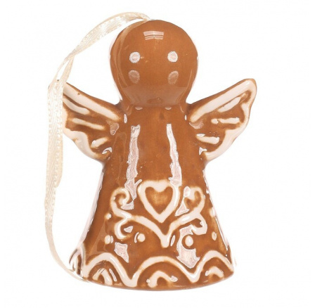 Zvonek perníkový - keramika, tvar anděl, závěsný, hnědý Zvonek perníkový - keramika, tvar anděl, závěsný, hnědý