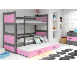 Dětská patrová postel RICO 3 s přistýlkou 80x190 cm, včetně matrací, Grafit/Růžová