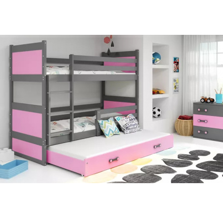 Dětská patrová postel RICO 3 s přistýlkou 80x190 cm, včetně matrací, Grafit/Růžová