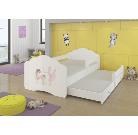 Dětská postel s přistýlkou, matracemi a zábranou CASIMO II, 160x80 cm, Bílá/Ballerina with unicorn