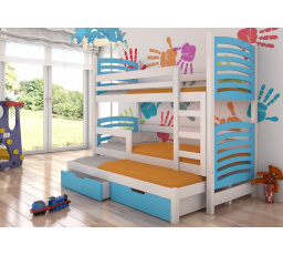 Dětská patrová postel SORIA s výsuvem a se šuplíky, včetně matrací, Bílá/Modrá