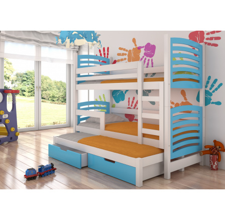 Dětská patrová postel SORIA s výsuvem a se šuplíky, včetně matrací, Bílá/Modrá