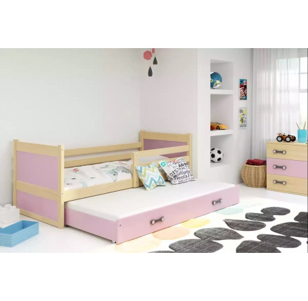 Dětská postel RICO Přírodní/Růžová, s přistýlkou 90x200 cm, bez matrace