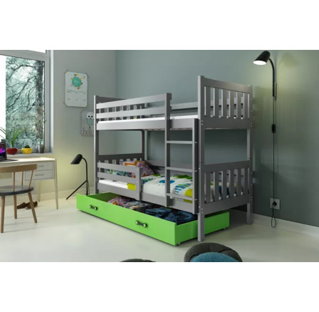 Dětská patrová postel CARINO se šuplíkem 80x190 cm, včetně matrací, Grafit/Zelená