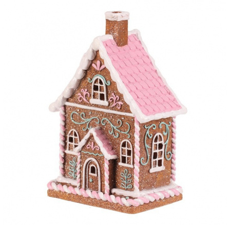 Domeček perníkový - polyresin, LED osvětl., hnědý s barevným zdobením Domeček perníkový - polyresin, LED osvětl., hnědý s barevným zdobením