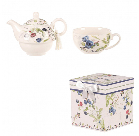 Konvička se šálkem - dárkový set v krabičce, porcelán, bílý s lesními plody Konvička se šálkem - dárkový set v krabičce, porcelán, bílý s lesními plody