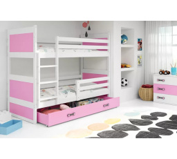 Dětská patrová postel RICO se šuplíkem 90x200 cm, včetně matrací, Bílá/Růžová