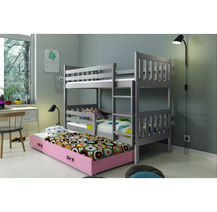 Dětská patrová postel CARINO 3 s přistýlkou 80x190 cm, včetně matrací, Grafit/Růžová