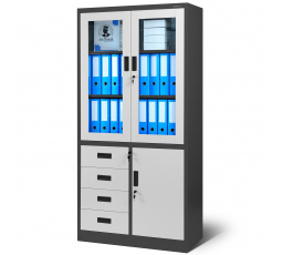 Kancelářská prosklená kovová skříň na dokumenty se zásuvkami WIOLA, 900 x 1850 x 400 mm, antracitově-bílá