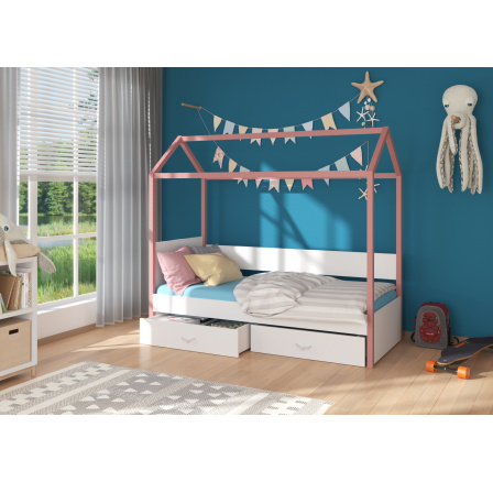 Dětská postel Domek OTELLO 180x80 cm, s matrací, Růžová/Bílá