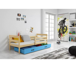 Dětská postel ERYK 90x200 cm se šuplíkem, bez matrace, Přírodní/Modrá