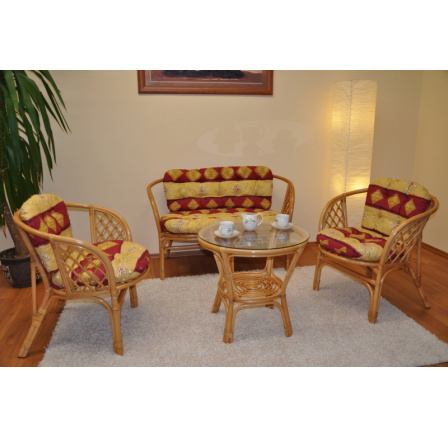 Ratanová sedací souprava Bahama medová velká polstry vínový motiv