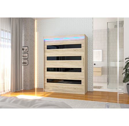 Posuvná skříň s lacobelem a LED osvětlením MARTINEZ 150 Sonoma+Černý Lacobel Posuvná skříň s lacobelem a LED osvětlením MARTINEZ 150 Sonoma+Černý Lacobel