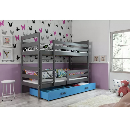 Dětská patrová postel ERYK se šuplíkem 80x190 cm, včetně matrací, Grafit/Modrá
