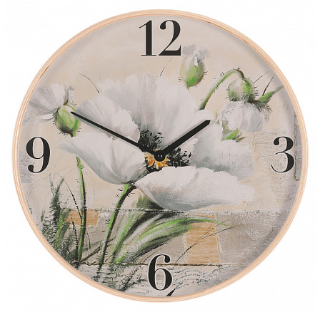 Hodiny nástěnné - pr. 40 cm, MDF a dřevený rám, kvetoucí mák