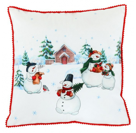 Polštář sametový s výplní, bílý - se sněhuláky, 100% polyester, 45 x 45 cm