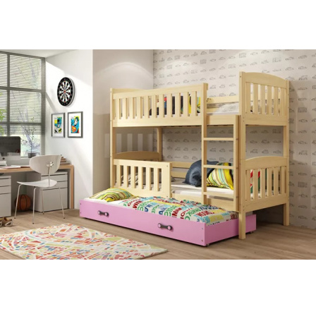 Dětská patrová postel KUBUS 3 s přistýlkou 80x190 cm, včetně matrací, Přírodní/Růžová