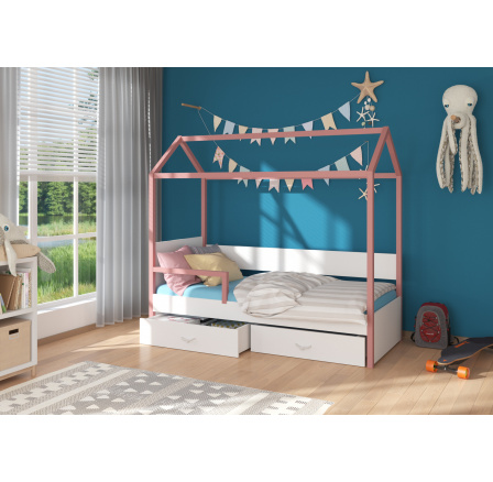Dětská postel Domek OTELLO 180x80 cm se zábranou, s matrací, 180x80, Růžová/Bílá