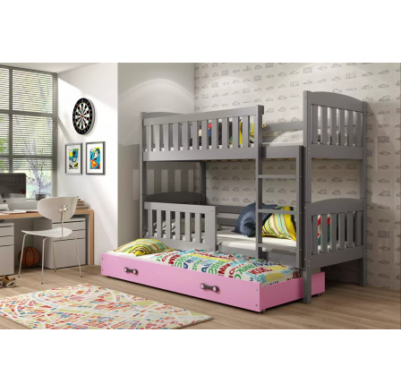 Dětská patrová postel KUBUS 3 s přistýlkou 90x200 cm, bez matrací, Grafit/Růžová