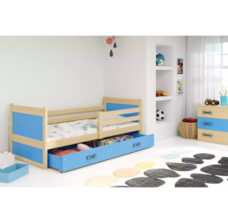 Dětská postel RICO 80x190 cm se šuplíkem, bez matrace, Přírodní/Modrá