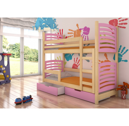 Dvoulůžková patrová postel s matracemi OSUNA Pine+Pink