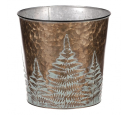 Obal z kovu na květiny, v  měděné barvě s kapradím.