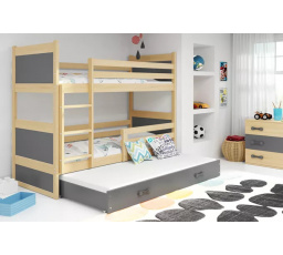 Dětská patrová postel RICO 3 s přistýlkou 80x190 cm, včetně matrací, Přírodní/Grafit