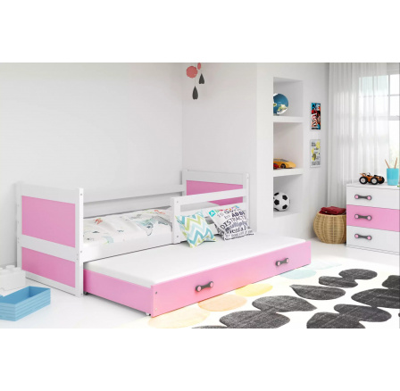 Dětská postel RICO s přistýlkou 90x200 cm, bez matrace, Bílá/Růžová