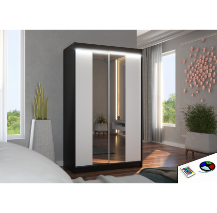 Posuvná skříň se zrcadlem a LED osvětlením MARVIN 120 Černá+Bílá