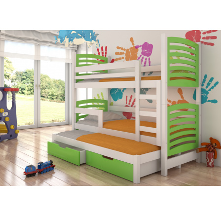 Dětská patrová postel SORIA s výsuvem a se šuplíky, včetně matrací, Bílá/Zelená