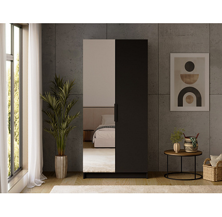 Mirtillo two-door wardrobe with mirror in black Black 100x216 Mirtillo two-door wardrobe with mirror in black Black 100x216