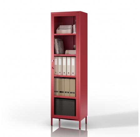 Skleněná vitrína do obývacího pokoje úzká červená Modern LUIGI 500 x 1800 x 350 mm