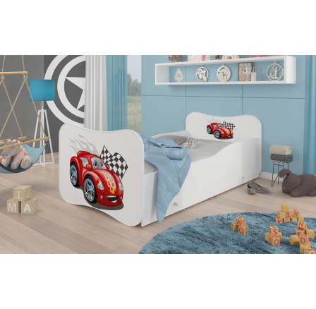 Dětská postel GONZALO s matrací a šuplíkem, 140x70 cm, Bílá/Car ZigZag