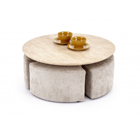 NUGAT stolek s pufy, stolek: travertin, puf: světle šedý (2p=1ks)