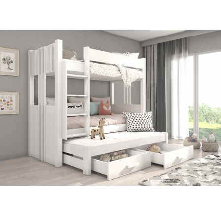 Patrová postel 3 místná ARTEMA 200x90 Bílá+Bílá s matracemi