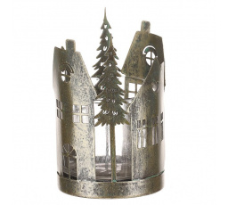 Svícen kovový, tvar domků se stromky - sklo uvnitř, barva zlatá-antik