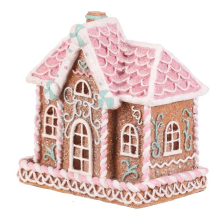 Domeček perníkový - polyresin, LED osvětl., hnědý s barevným zdobením Domeček perníkový - polyresin, LED osvětl., hnědý s barevným zdobením