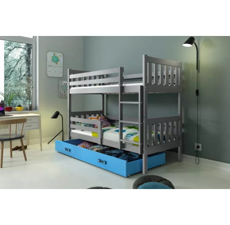 Dětská patrová postel CARINO se šuplíkem 80x190 cm, bez matrací, Grafit/Modrá
