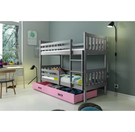 Dětská patrová postel CARINO se šuplíkem 80x190 cm, včetně matrací, Grafit/Růžová
