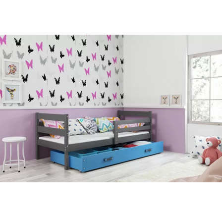 Dětská postel ERYK 80x190 cm se šuplíkem, s matrací, Grafit/Modrá