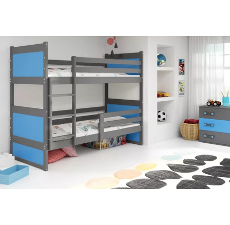 Dětská patrová postel RICO 90x200 cm, včetně matrací, Grafit/Modrá