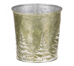 Obal z kovu na květiny, v  zelené barvě s kapradím.