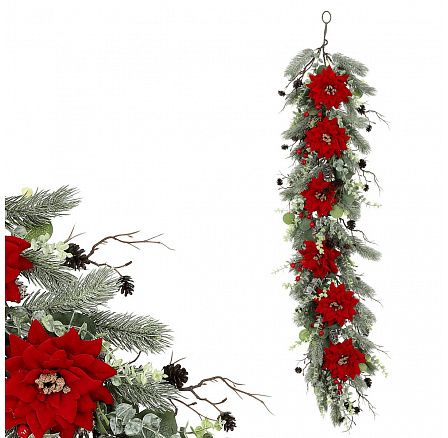 Girlanda - 105 cm, vánoční růže, jehličí, šišky a zeleň Girlanda - 105 cm, vánoční růže, jehličí, šišky a zeleň