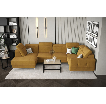 Rohová sedací souprava MALIBU MAX II s funkcí spaní a relaxací 180x350x182 cm - žlutá , pravá strana Rohová sedací souprava MALIBU MAX II s funkcí spaní a relaxací 180x350x182 cm - žlutá , pravá strana