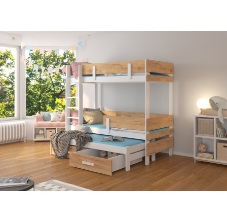 Třílůžková patrová postel ETAPO 180x80 Bílá+Dub Zlatý