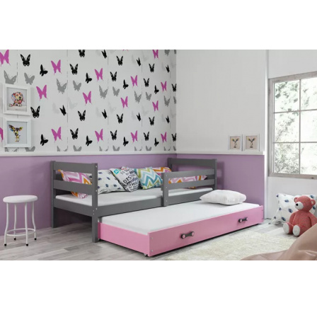 Dětská postel ERYK s přistýlkou 90x200 cm, včetně matrací, Grafit/Růžová